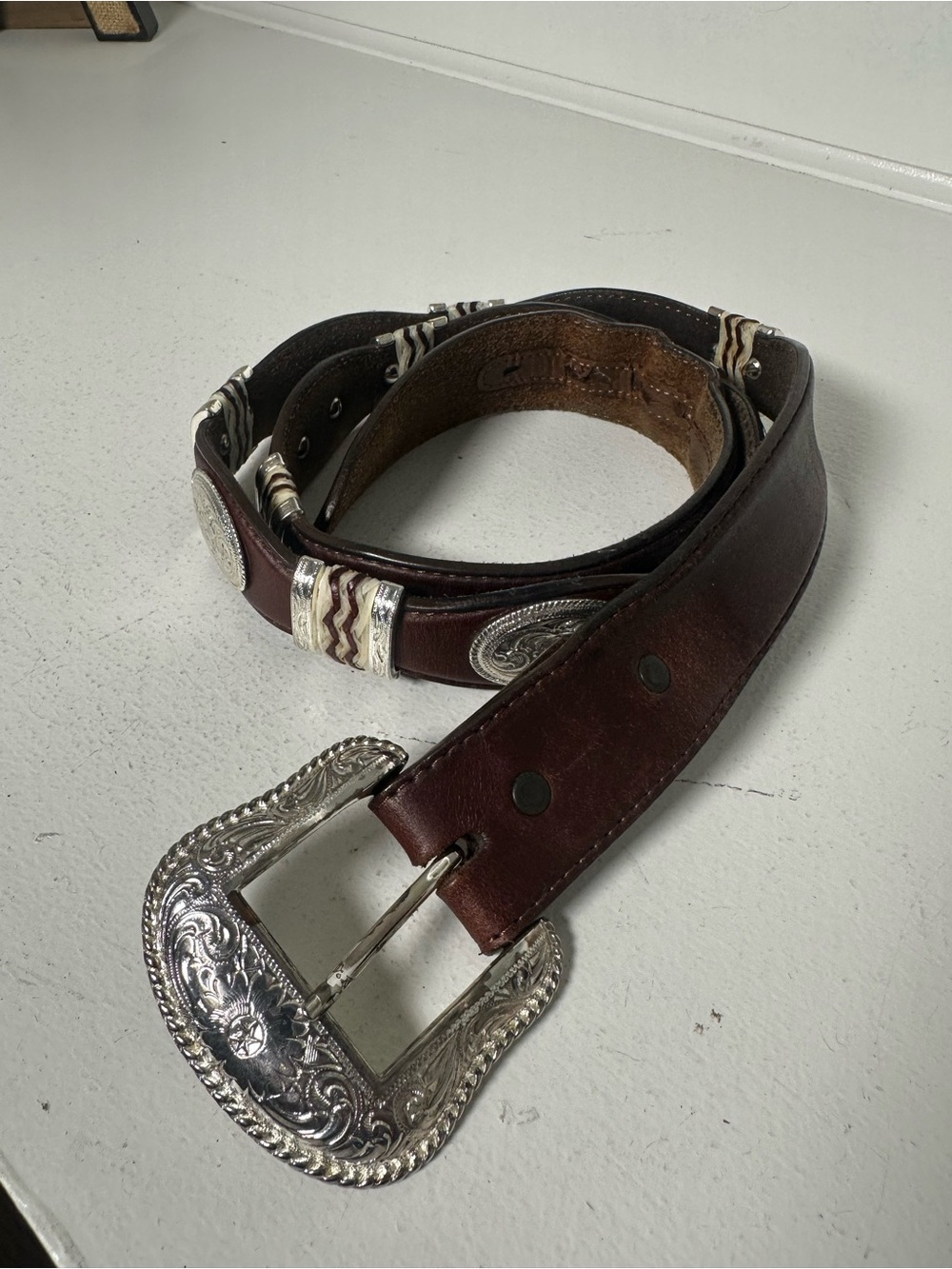 Tony Lama Men’s 40 Western Leather Belt Silver Concho Ranger Buckle Brown USA